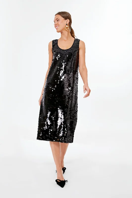 Sequin Midi Dresses -Black Sequin Edie Midi Scoop Dress