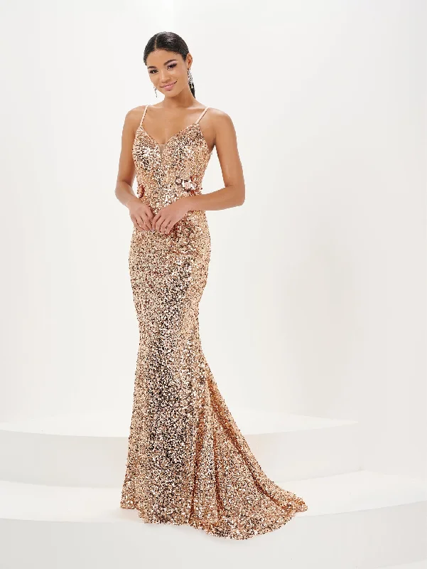 One Shoulder Evening Dress -3D Floral Fitted Sequin V-Neck Gown by Tiffany Designs 16059