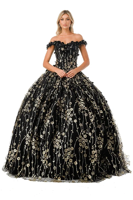 Polka Dot Yellow A-Line Evening Dress -3D Floral Off Shoulder Glitter Ball Gown by Coya L2766A