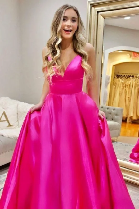 Asymmetrical Evening Dress -A-Line Hot Pink Prom Dress V Neck Evening Dress C2309