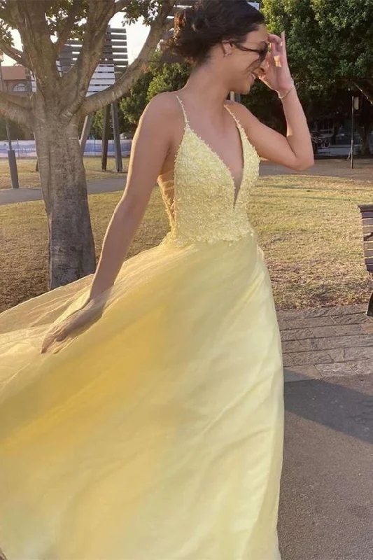 Elegant Silk Evening Dress -A Line V Neck Yellow Lace Long Prom Dresses, V Neck Yellow Lace Formal Graduation Evening Dresses  C2282