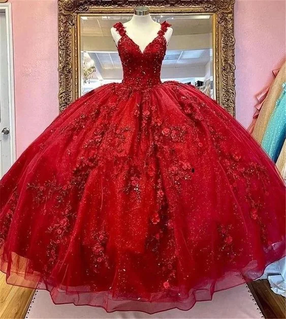 Sequin Gala Evening Dress -Ball gown prom dresses, 2022 evening dresses, hand made flowers prom dresses, puffy evening dresses, custom make prom dresses, 3D flowers evening dresses, new arrival party dresses, puffy prom dresses C2063