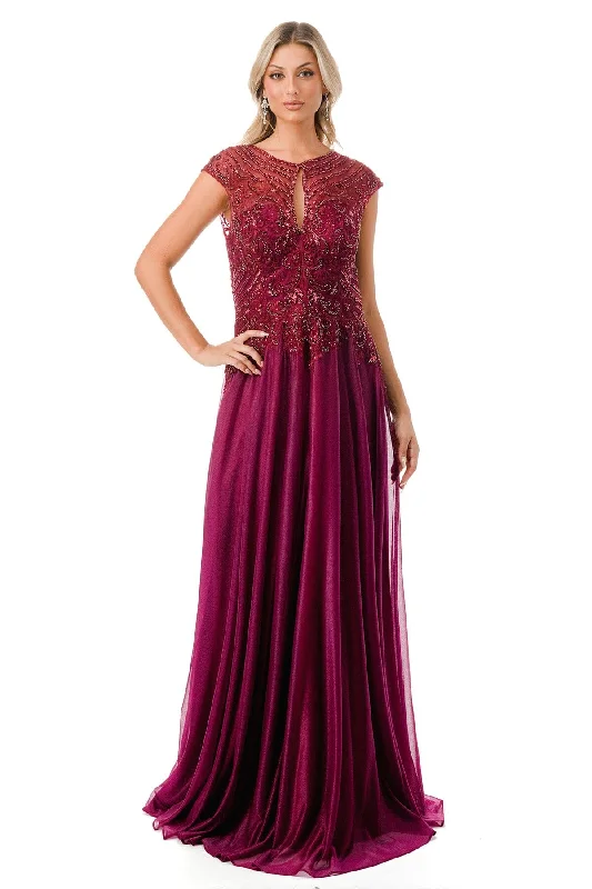 Lavender Short Sleeve Gala Evening Dress -Bead Embroidered Cap Sleeve A-line Gown by Coya M2736Y