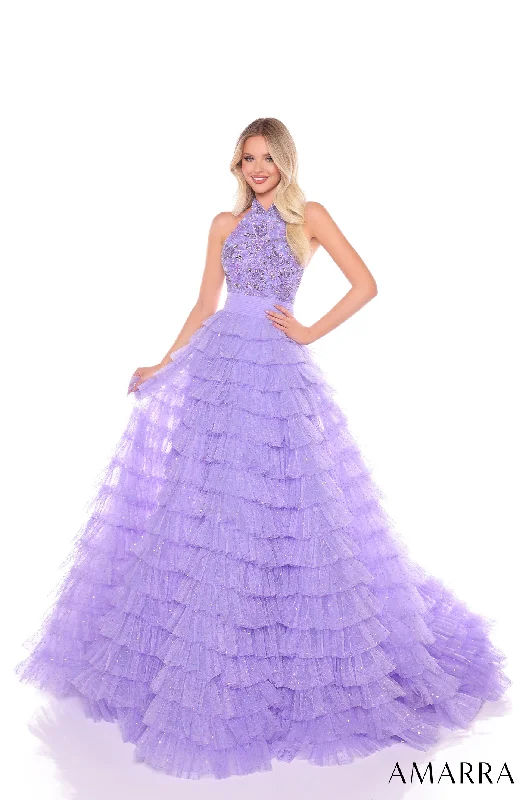 Pleated Lavender Polka Dot Evening Dress -Beaded Halter A-line Ruffled Gown by Amarra 88102