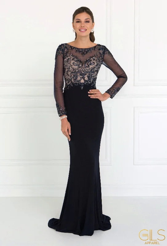 One Shoulder Mint Maternity Evening Dress -Beaded Illusion Long Sleeve Navy Gown by Elizabeth K GL1506