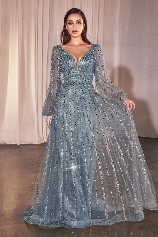 Ball Gown Navy V-Neck Evening Dress -Beaded Long Sleeve A-line Gown by Ladivine CD0240