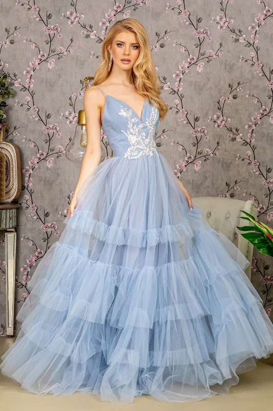 Dinner Evening Dress -Beaded Sleeveless Tiered Ruffled Gown by GLS Gloria GL3452