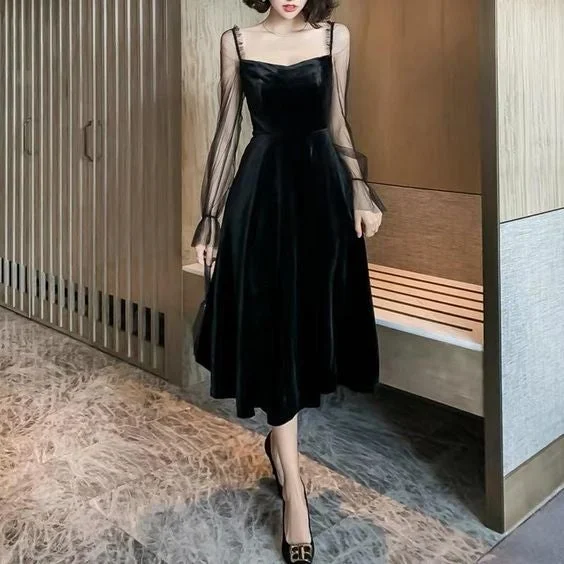 Red Carpet Purple Cheap Evening Dress -Black formal dress vintage velvet evening dress long sleeve party dress slimming prom dress simple party dress C2227