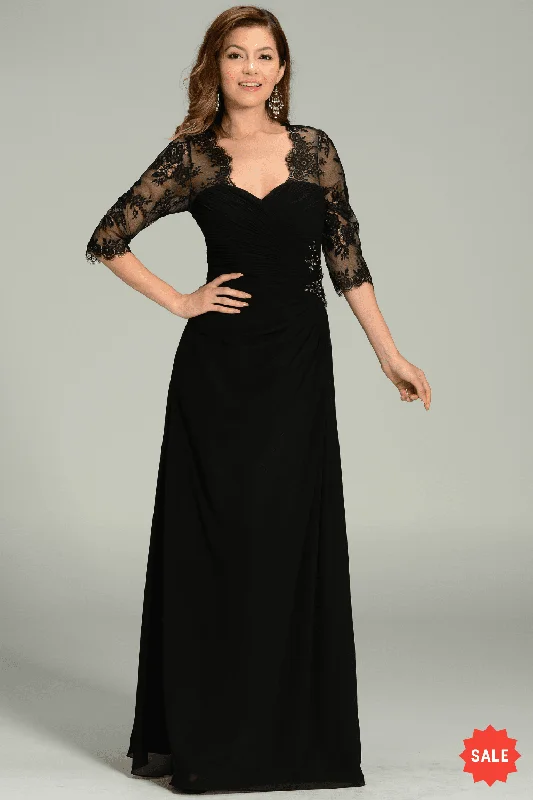 Cocktail Blue Sophisticated Evening Dress -Long Chiffon Dress with Lace Sleeves by Poly USA 7210