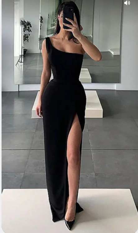 Pink Sophisticated Satin Evening Dress -Black One Shoulder Prom Dress with High Leg Slit C2447