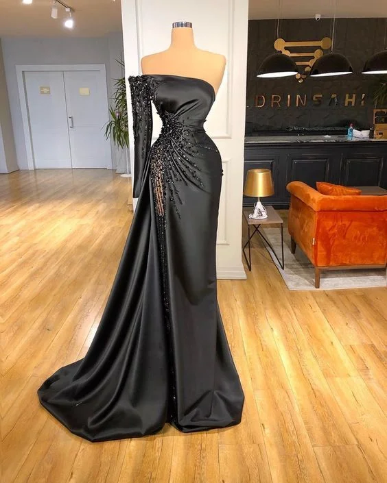 Coral Women’s Red Carpet Evening Dress -Black Split Side Mermaid Satin Evening Party Prom Dress C2142