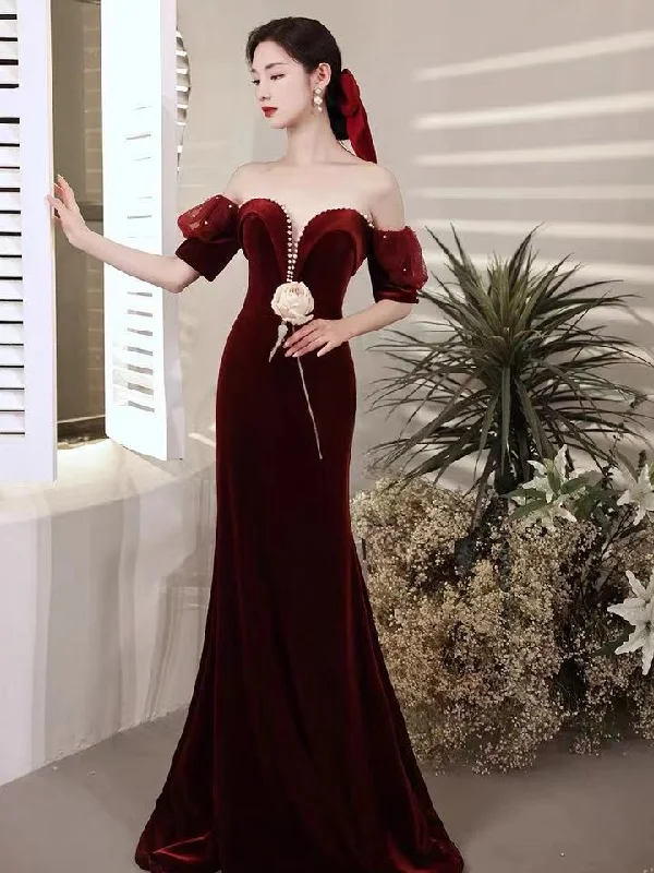 Event Evening Dress -Burgundy party dress,off shoulder evening dress,velvet mermaid long prom dress,backless sexy formal dress,custom made  C2094