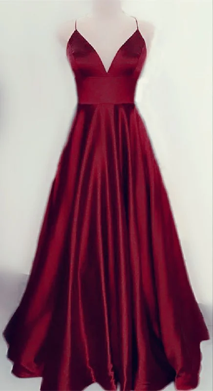 Striped Evening Dress -Burgundy spaghetti strapssimple prom dress C2086