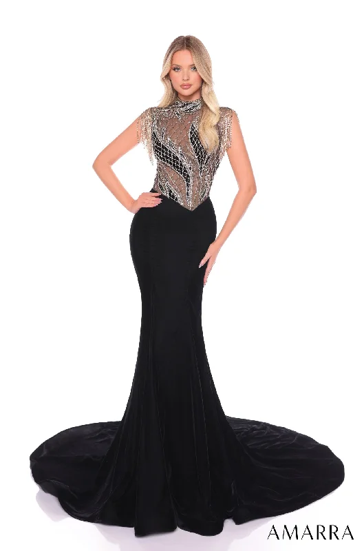 Glamorous Evening Dress -Cap Sleeve Fringe Mermaid Dress by Amarra 88104