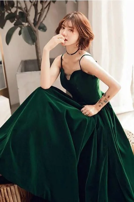 Formal Pink Sophisticated Evening Dress -Charming Spaghetti Straps Sweetheart Sleeveless A Line Prom Dress Green Velvet Prom Dress C2228