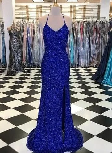 Women’s White Polka Dot Evening Dress -Chic Royal Blue Spaghetti Straps Backless Long Sheath Prom Dresses C2222