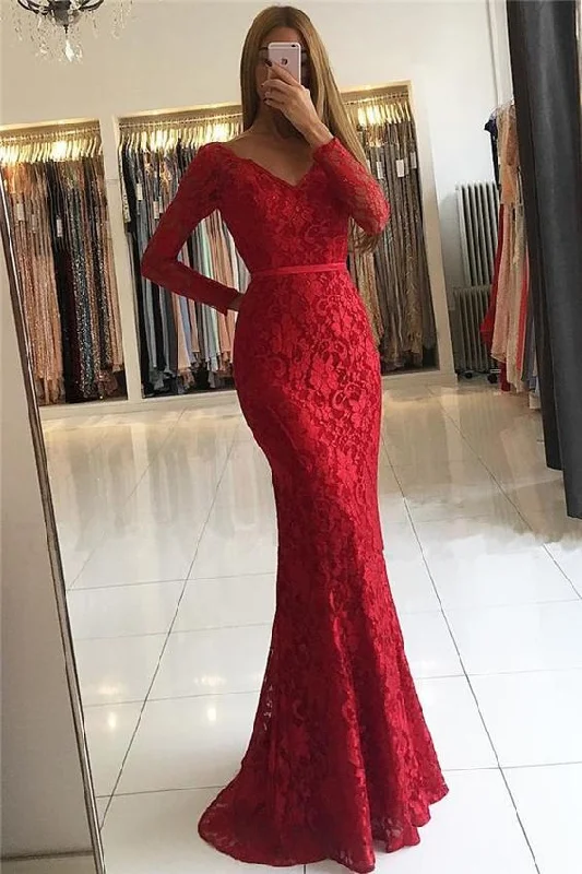 Backless Silver Plus Size Evening Dress -Chic Vneck Open Back Scarlet Lace Evening Dresses Elegant Long Sleeves Prom Dress C1949