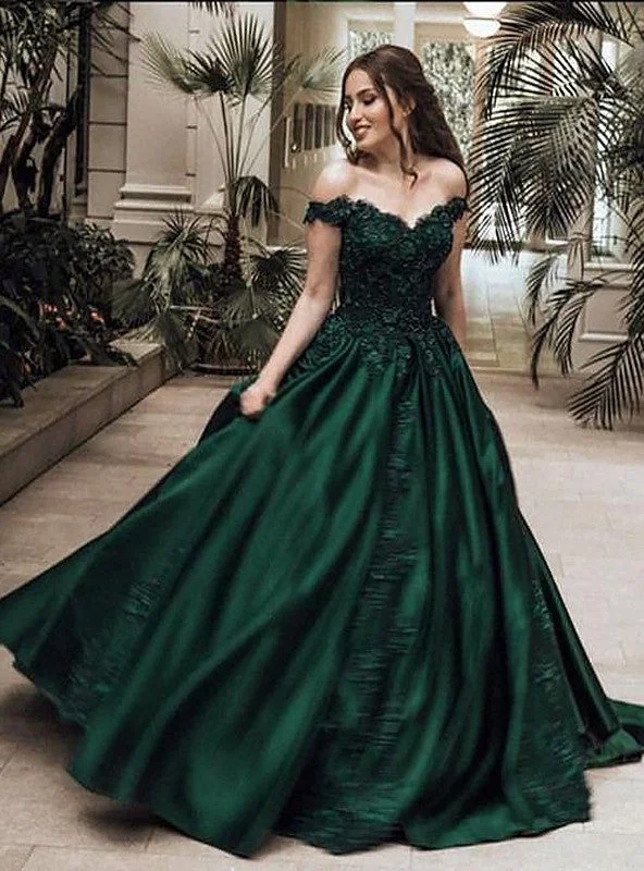 Fall Evening Dress -Classic Satin Dark Green Off Shoulder Sweetheart Ball Gown Prom Dress C2102