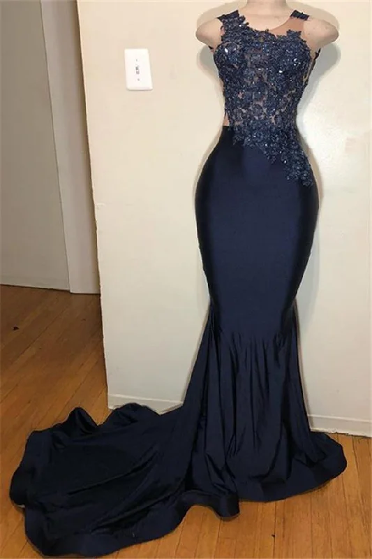 Cheap Teal Long Sleeve Evening Dress -Dark Blue Straps Sleeveless Applique Mermaid Formal Prom Dresses C2006