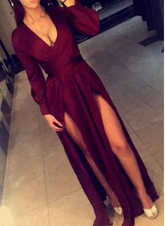 Sleeveless Evening Dress -Dark Red Slit Long Sleeves Evening Dress, Pretty Formal Dress  C2093