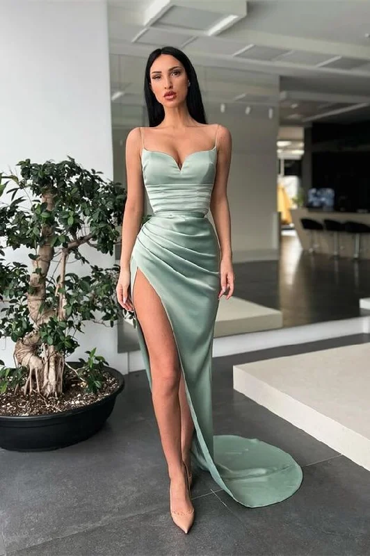 Green Designer Sequin Evening Dress -Dusty Sage Spaghetti-Straps Prom Dress Mermaid Long With Split C2390