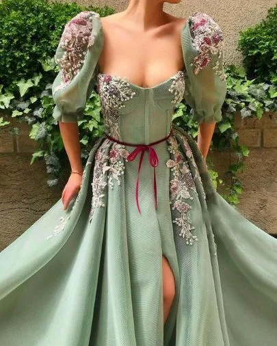 High-End Beige Evening Dress -Elegant Mint Green Puff Sleeve Prom Dress with Slit C2041