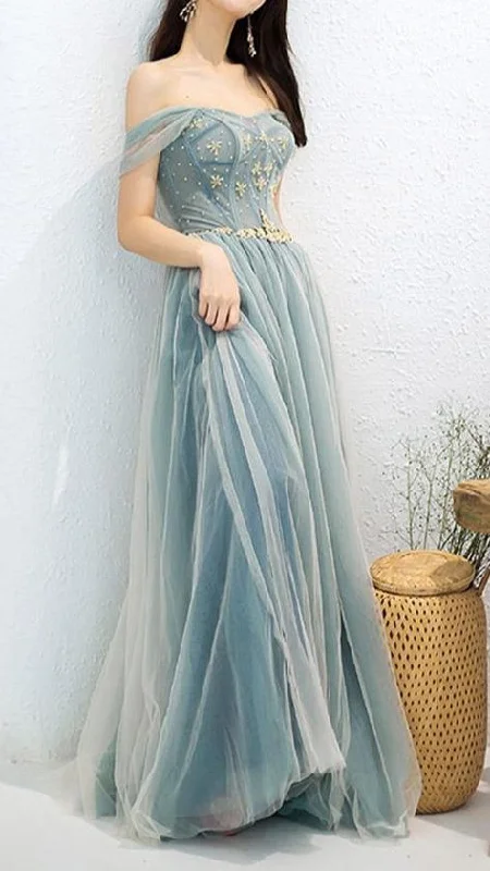 Chiffon Teal Pleated Evening Dress -Elegant Off Shoulder A-Line Beaded Long Prom Dress With Appliques C2372