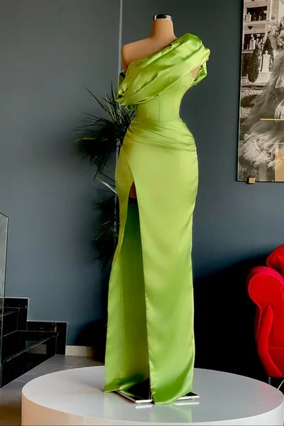 Floral Green Evening Dress -Elegant One Shoulder Long Evening Prom Dress With Split C2039