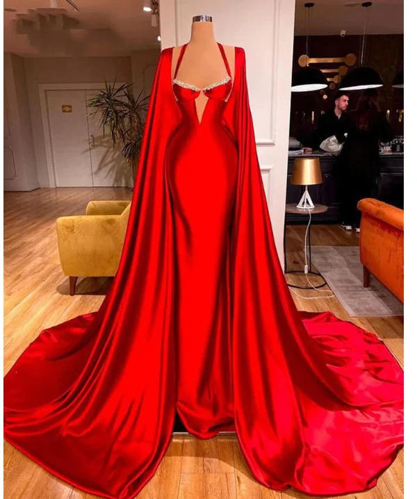 High Neck Lavender Pleated Evening Dress -Elegant Red Satin Mermaid Prom Dresses with Long Scarves High Side Formal Evening Gowns C2394