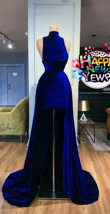 Chiffon Evening Dress -Elegant royal blue velvet prom dresses mermaid sexy women's evening dresses celebrity dresses C2101