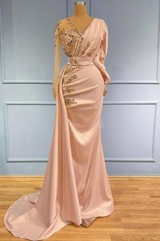 Grey Teen Evening Dress -Elegant V-Neck Long Sleeves Mermaid Prom Dress with Gold Sequins Appliques C2054