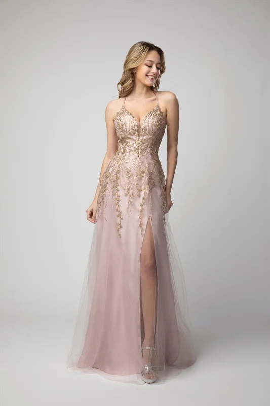 Maternity Pink Evening Dress -Embroidered Lace-Up Back A-line Slit Gown by Juno 0936