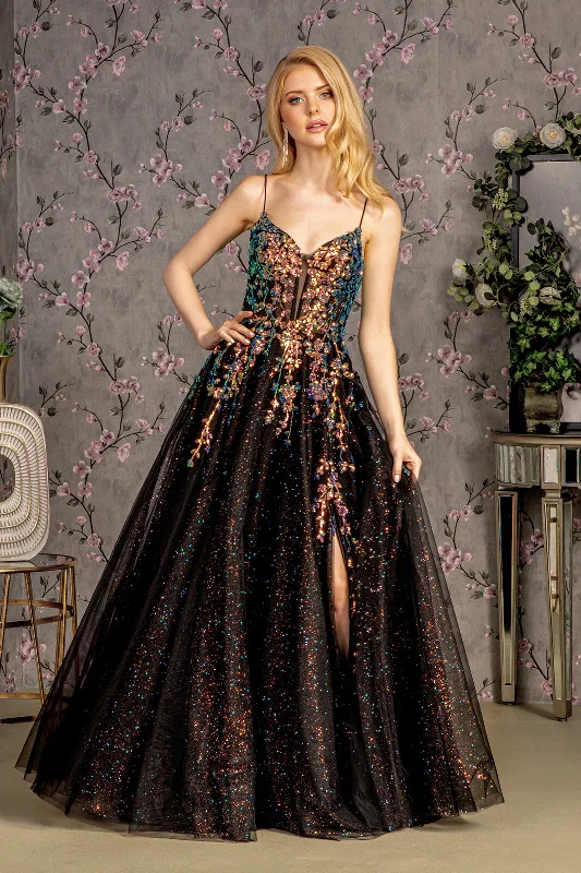 Elegant Silk Evening Dress -Embroidered Sleeveless Glitter Slit Gown by GLS Gloria GL3218