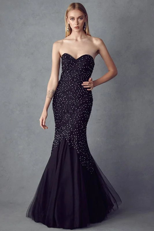 Black Glamorous Short Evening Dress -Embroidered Strapless Mermaid Dress by Juliet 644