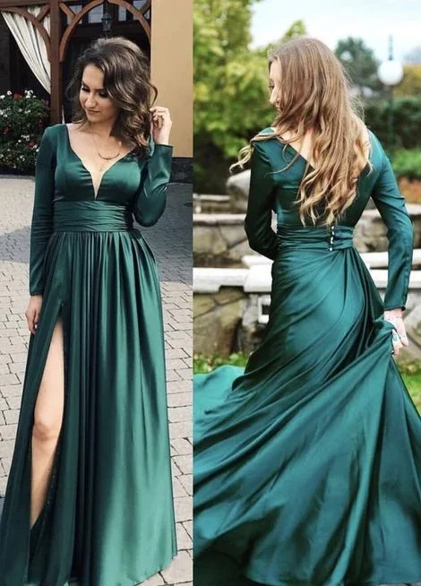 Gala Evening Dress -Emerald Green Prom Dresses Long Sleeves Simple Evening Dress C2321