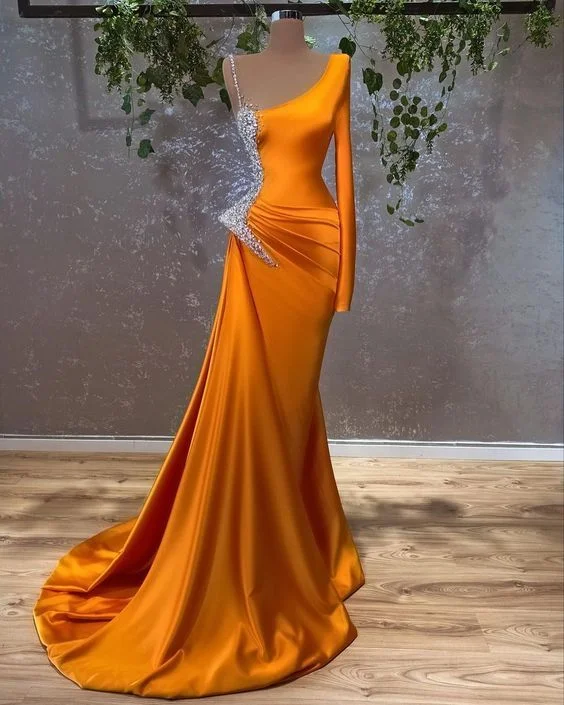 Yellow Modern Evening Dress -Evening Dresses mermaid long prom dresses with one sleeve  C2081