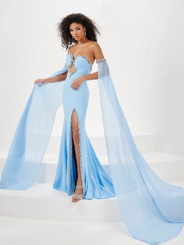 Prom White Retro Evening Dress -Fitted Beaded Strapless Cape Sleeve Slit Gown by Panoply 14194