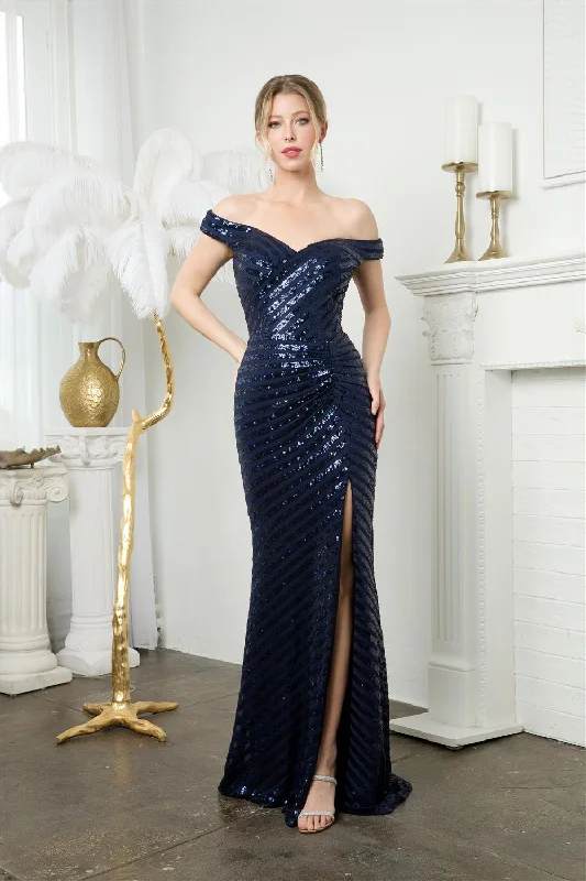 Vintage Silk Evening Dress -Fitted Linear Sequin Off Shoulder Slit Gown by Juno M1005