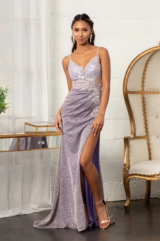 Silver High-End Party Evening Dress -Fitted Long Glitter Slit Dress by Elizabeth K GL3030