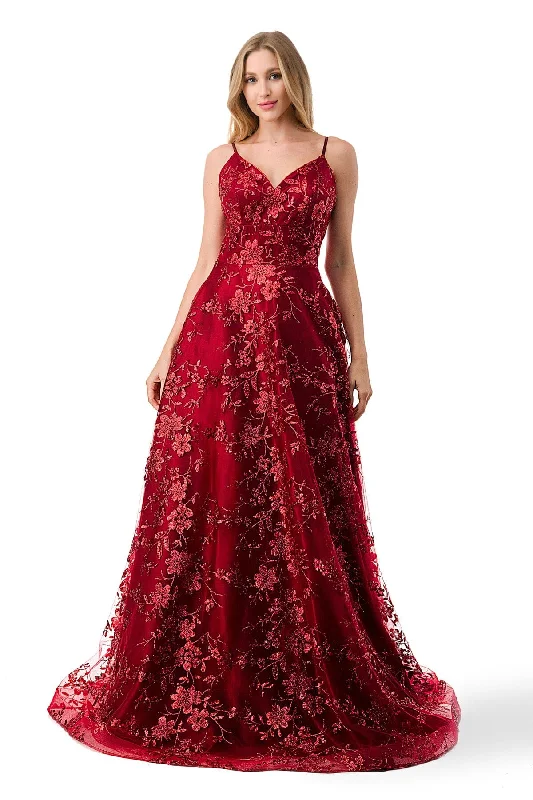 Asymmetrical Maroon Geometric Evening Dress -Floral Embroidered Lace-Up Back Gown by Coya L2764B