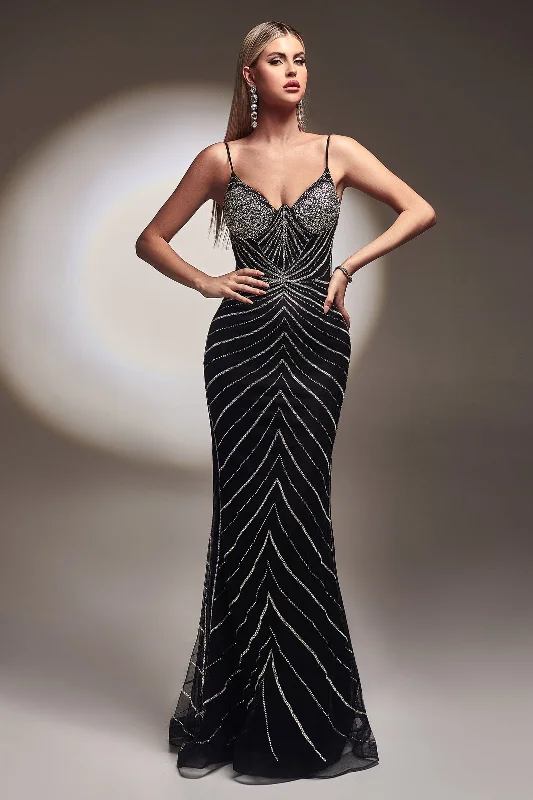 Sparkly Gold Empire Evening Dress -Glitter Print Sleeveless Mermaid Gown by Ladivine CR866