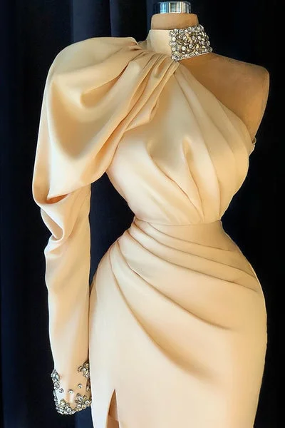 Halter Beige Maternity Evening Dress -Gorgeous High Neck Long Sleeve Crystal Prom Dress Mermaid With Split C2192