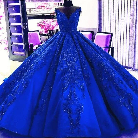 Mesh Event Evening Dress -Gorgeous Royal Blue Appliques Beads Quinceanera Dresses, Formal Ball Gown Prom Dress C1845