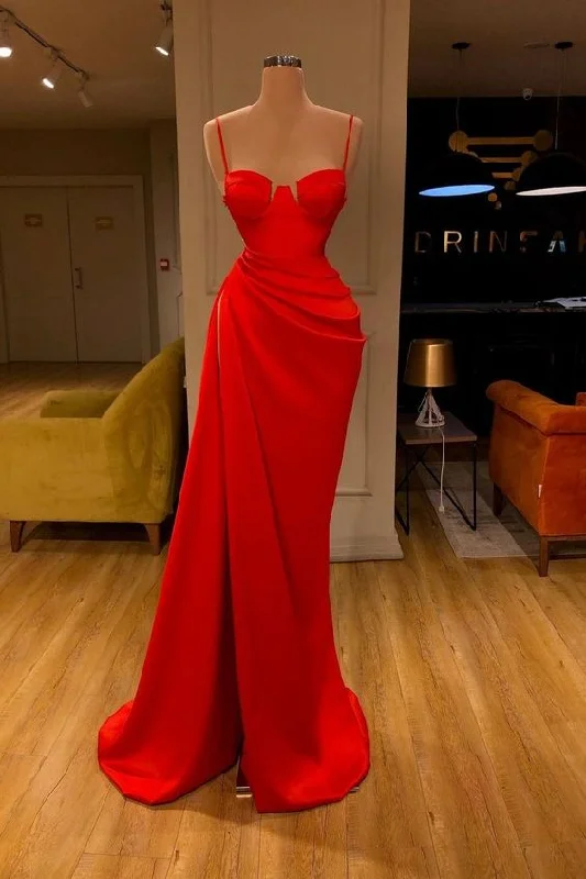 Sexy Velvet Evening Dress -Gorgeous Spaghetti Strap Unique Round Cup High split Red Prom Dress C2280