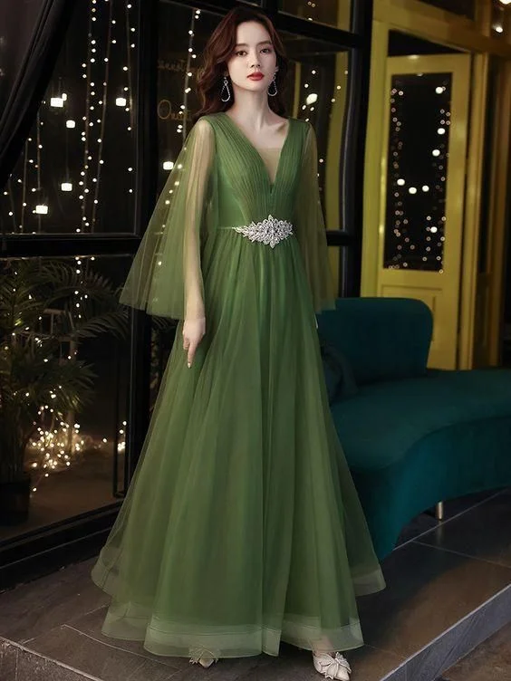 Party Red Chic Evening Dress -Green evening dress, new style, elegant puffy temperament prom dress C2128