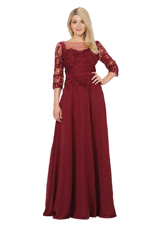 Tulle Maroon Sexy Evening Dress -Long Chiffon Dress with Sheer Lace Sleeves by Poly USA 7598