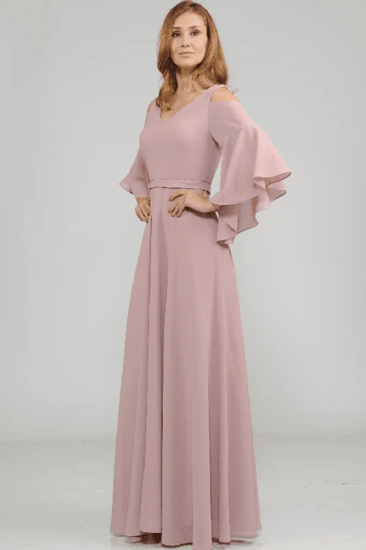 Beaded Evening Dress -Long Cold Shoulder Dress with Bell Sleeves by Poly USA 8300