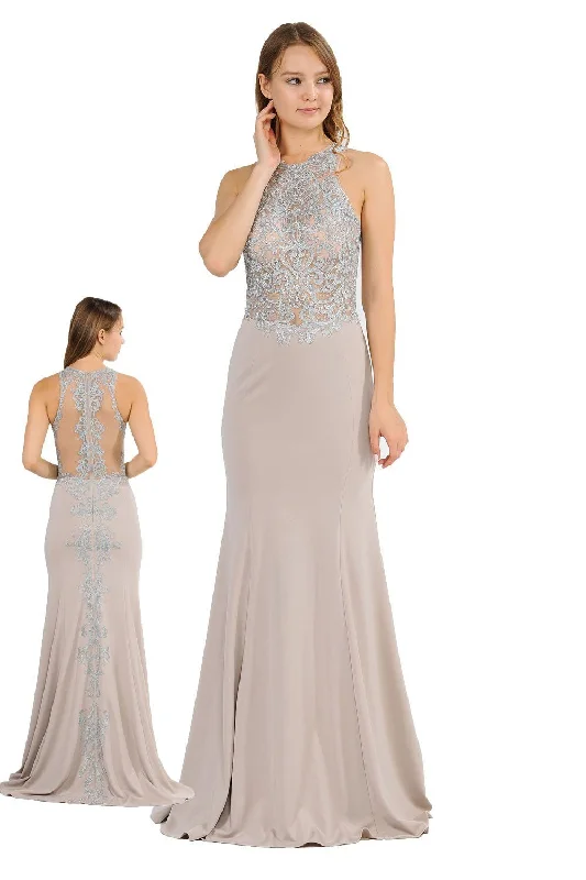 Sparkly Pink High-End Evening Dress -Long Embroidered Dress with Sheer Back by Poly USA 8314