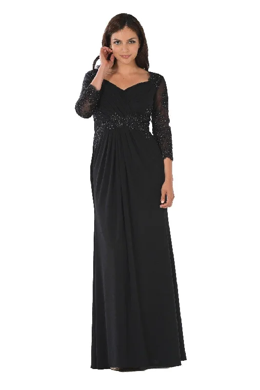 Black Cheap Evening Dress -Long Lace Applique Pleated Dress with Sleeves by Poly USA 7812