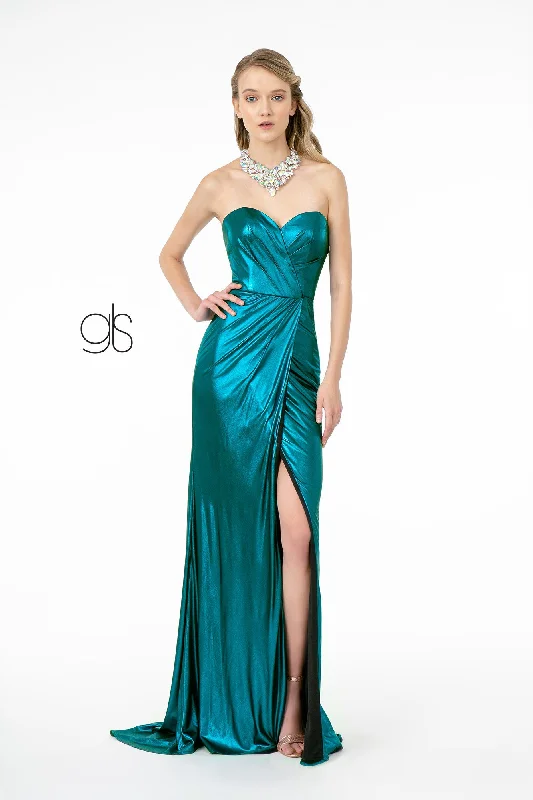 Gold One Shoulder Evening Dress -Long Strapless Faux Wrap Metallic Dress by Elizabeth K GL2894